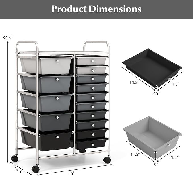 DORTALA 15-Drawer Rolling Storage Cart with Drawers, Rolling Utility Cart w/Removable Drawers & Universal Wheels, Tools Scrapbook Paper Organizer for School, Office, Home, Classroom (Gradient Black) - Image 3