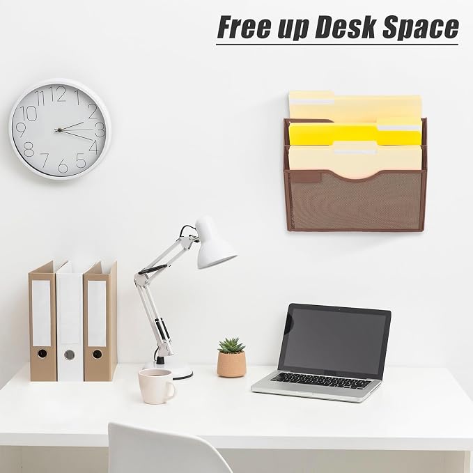 3 Pocket Mesh Hanging Wall File Organizer, Wall Mounted Mail Paper Document Folder Holder, Clipboard Storage Organization Magazine Rack with Nametag Label for Office Home School, Brown - Image 3