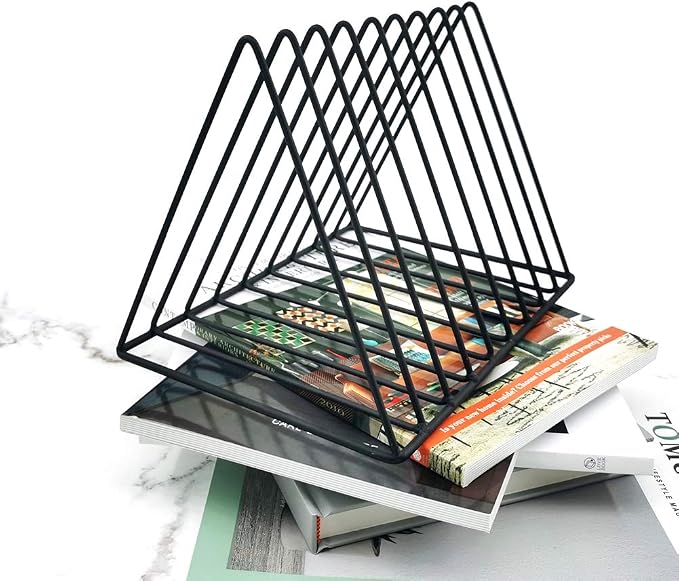 9 Slot Magazine Rack Book Record Holder, Desktop Iron Storage Rack Bookshelf Multifunction Triangle File Organizer Sorter for Decor Home Office, Black Pack of 2 - Image 3