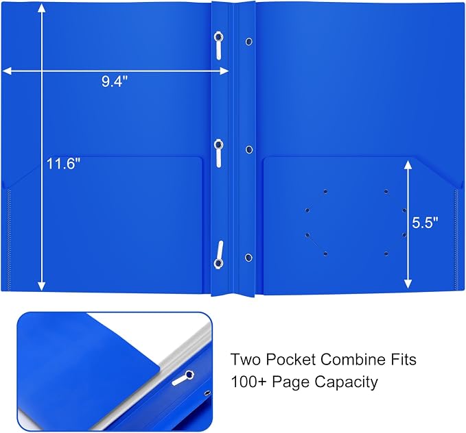 Heavy Duty Plastic Folder, 60 Pack, Pocket Folder with brads, Letter Size Poly File, Plastic Folders with 3 Prongs Fasteners - Blue - Image 3