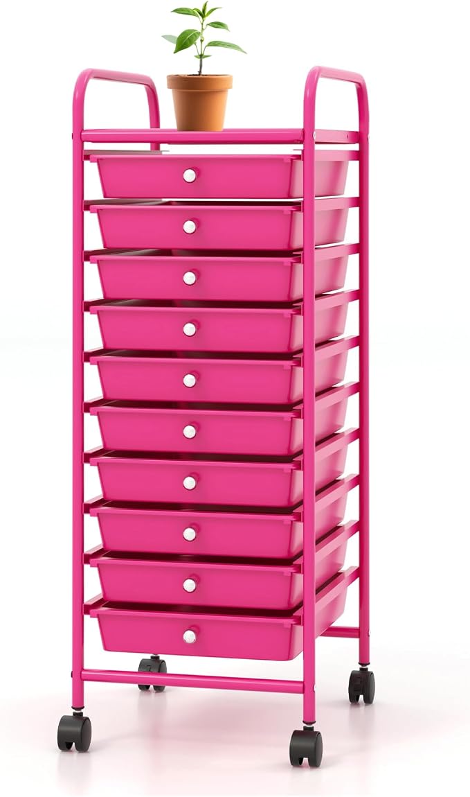 Storage Cart, Rolling Utility Cart with 10 Drawers, Portable Handles & Lockable Wheels, Mobile Paper Toys Storage Organizer Large Capacity for Home Office School Teacher (Hot Pink) by OFFICEJOY