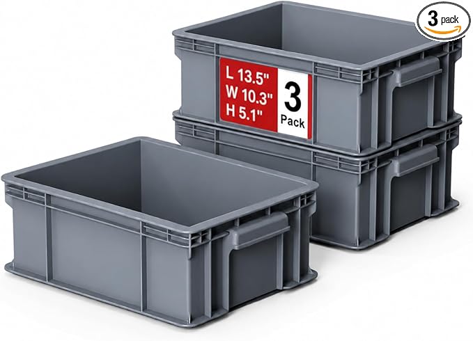 3-Pack Heavy Duty Part Bins, Stackable Tool Storage Bin for Hardware | Straight Wall Container for Screws, Nuts & Bolts, Industrial Organizer Bin for Wearhouse & Factory (13.5"L*10.3"W*5.1"H) by Mudygelay