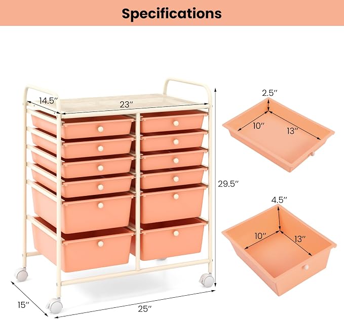 Moccha 12-Drawer Rolling Storage Cart - Utility Cart on Wheels with Lockable Casters for Craft Art Supply Paper Salon, Mobile Drawer Carts for Classroom Teacher School Office (Peach) - Image 2