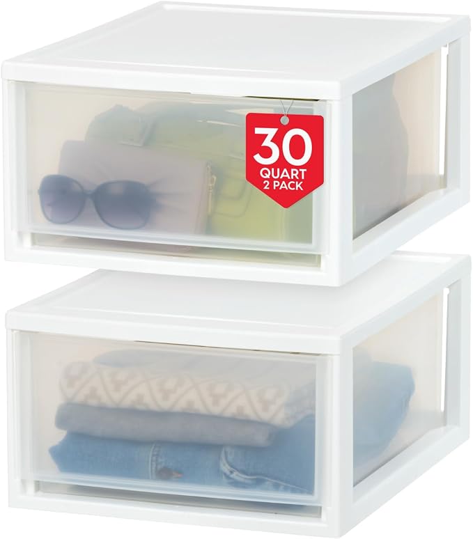 IRIS USA 2-Pack 30 Qt. Stacking Drawer Organizer with Sliding Drawer, White | Store clothing, accessories, pantry items, and household essentials around your home with organized storage solutions by IRISUSA