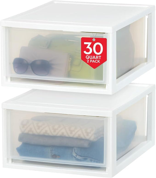 IRIS USA 2-Pack 30 Qt. Stacking Drawer Organizer with Sliding Drawer, White | Store clothing, accessories, pantry items, and household essentials around your home with organized storage solutions by IRISUSA