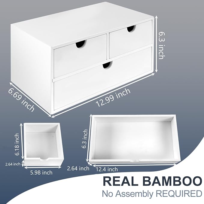 Charmewooden desk organizer with drawers countertop drawer organizer Tabletop Storage Organization Box Home Office Workspace Bathroom Toiletries Supplies (white) - Image 2