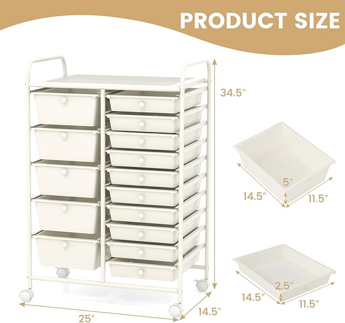 GOFLAME 15-Drawer Rolling Storage Cart, Craft Storage Cart with Removable Drawers & Lockable Wheels, Art Cart Supply Storage Organizer for Home Office Classroom, White - Image 3