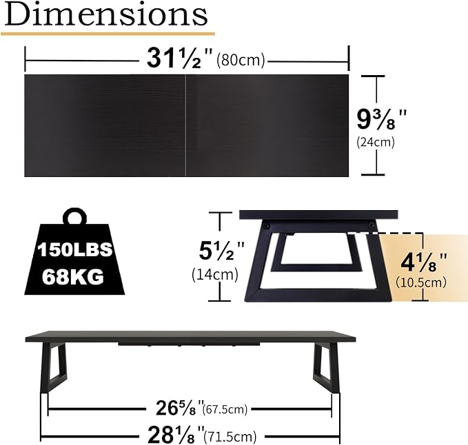 TEAMIX 31.5 inch Dual Monitor Stand Riser, TV Riser, Black Desk Organizer | For 2 Monitors/Laptop/Printer, Long Computer Stand, Wood & Steel, Holds 150 lbs, PS5/Keyboard Storage, For Home Office Gaming - Image 4