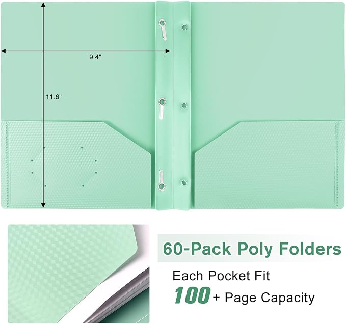 60-Pack Plastic andPockets and Prongs,2-Pocket and3 Fasteners, Pastel Folders Holds 8-1/2" x 11" Paper for School/Office/Home, Green - Image 4