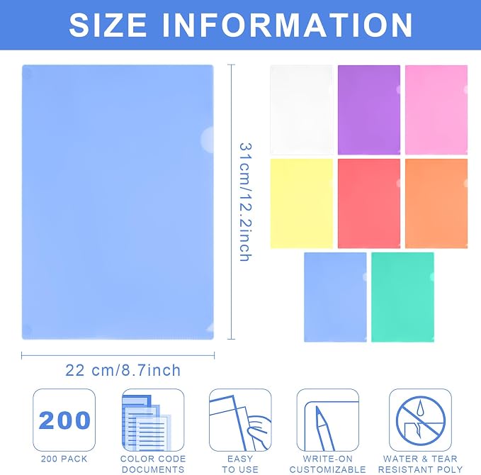 Fainne 200 Pcs Plastic Document Folders Clear File Folders Plastic Pockets Sleeves Letter Size 8.7 x 12.2 Inches A4 Assorted Colors for Office Supplies (Fresh Color) - Image 4