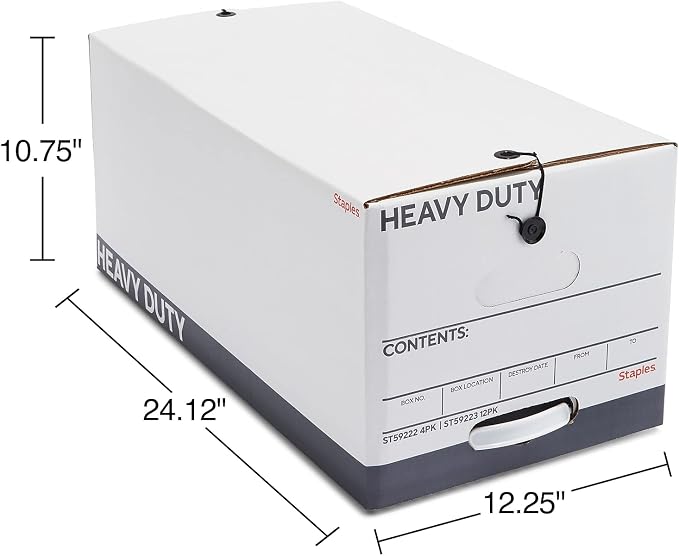 STAPLES Storage & Filing Box, Heavy-Duty with Handles & String-Button Lid, Letter Size Documents, Stackable, 4-Pack, White/Gray | Heavy-duty boxes with handles and string-button lid for document storage. - Image 6
