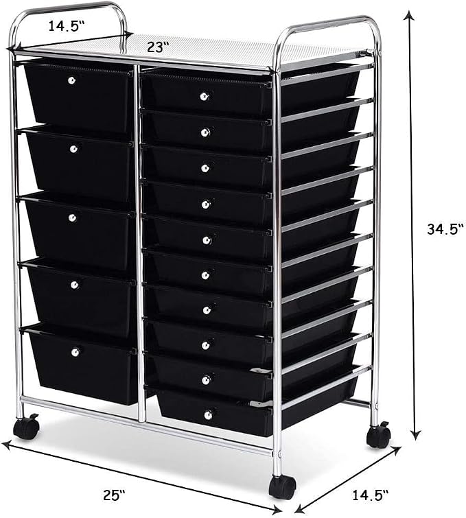 COSTWAY 15 Drawer Rolling Storage Cart, Mobile Utility Cart with Lockable Wheels, Drawers, Multipurpose Organizer Cart for Home, Office, School, Black - Image 3