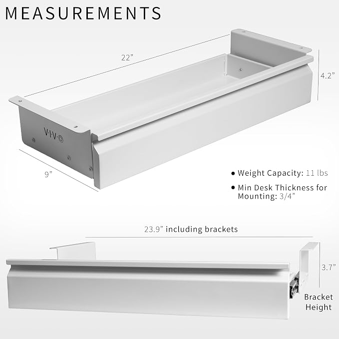 VIVO White 22 x 9 inch Under Desk Slide Out Drawer, DESK-AC03A-22W | No Shell, Sturdy Steel Design, Under Desk Storage, Workstation Organizer for Home Office, Holds 11 lbs - Image 3