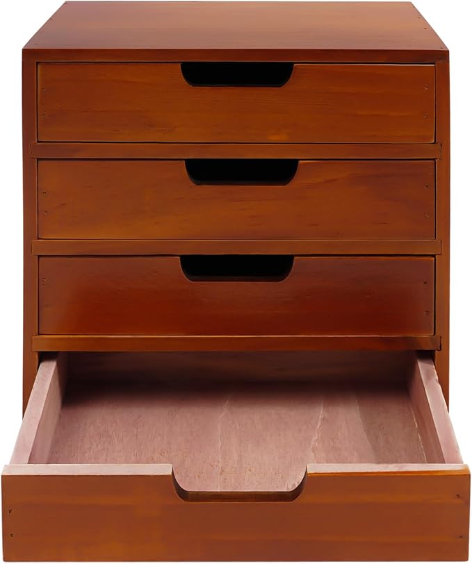 4-Pack Wooden Drawer Organizer Set, Stackable 4-Drawer Desktop Storage Cabinets in Modern Mahogany Wood - 16-Drawer Countertop Organizer for Office, Vanity, Home, and School (Wood Color) - Image 7