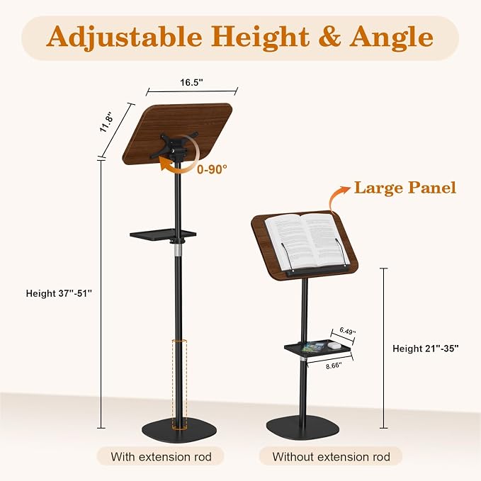 Snughome Floor Book Stand with Removable Tray, Wood Standing Book Stand for Reading, Height Adjustment 21"-51", Music Stand Cookbook Stand Textbook Stand Laptop Stand Book Holder for Display - Image 5