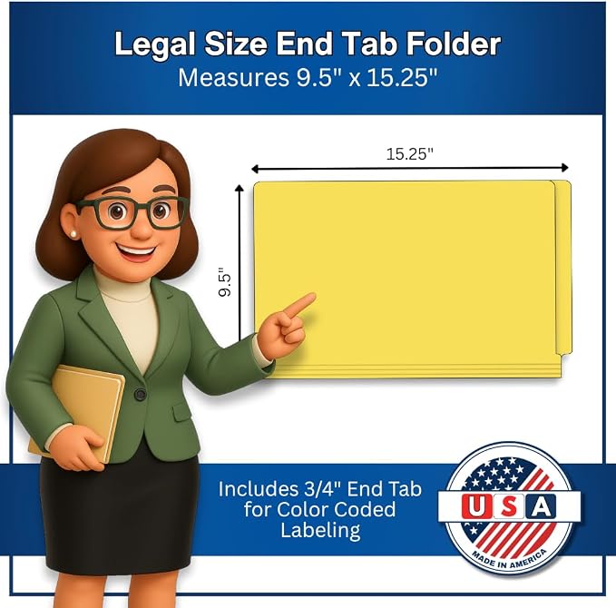 Yellow File Folders, Doctor Stuff, Legal Size Reinforced End Tab Folder with 2" Bonded Fastener on Inside Front and Back, 14 pt Stock, Carton of 250 - Image 2