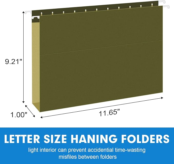 Extra Capacity Hanging File Folders, RAZCC 60 Pack Letter Size Reinforced Hanging Folders with Heavy Duty 1 Inch Expansion for Bulky Files, Filing Cabinet, Adjustable Tabs, Green - Image 2