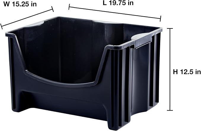 Mighty Tuff Jumbo Stackable Storage Bins, Pack of 3, Easy-Access Storage, Large Easy-to-Grip Handles, Wide Front Opening, Interlocking, Stack Vertically, Black - Image 2