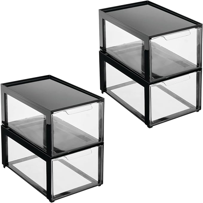 mDesign Plastic Desk Organizer and Storage Bin w/Pull Out Drawer - Stackable Office Storage Container for Office Supplies - Desktop Drawer Organizer - Lumiere Collection - 4 Pack - Black/Clear - Image 8
