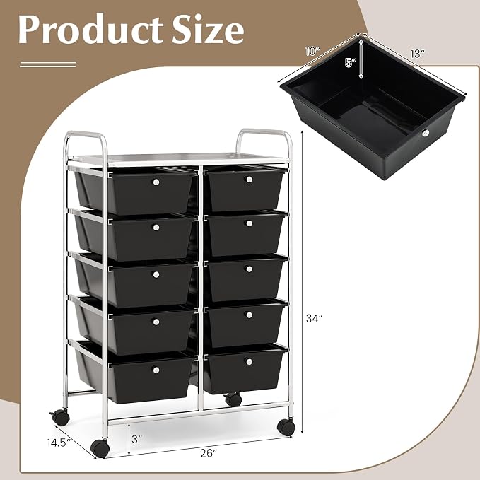 COSTWAY 10 Drawer Rolling Storage Cart, Utility Cart with Lockable Wheels | Mobile Art Supply Craft Organizer with Metal Frame, Multipurpose Drawer Cart for Paper for Office, School, Black - Image 3