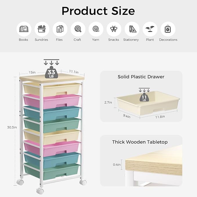 Rolling Cart with 8 Drawers, Plastic Drawer Storage Carts with Wheels & Wooden Tabletop, Metal Utility Cart Organizer for Bedroom Living Room Office Classroom Craft Organization and Storage, Colorful - Image 2