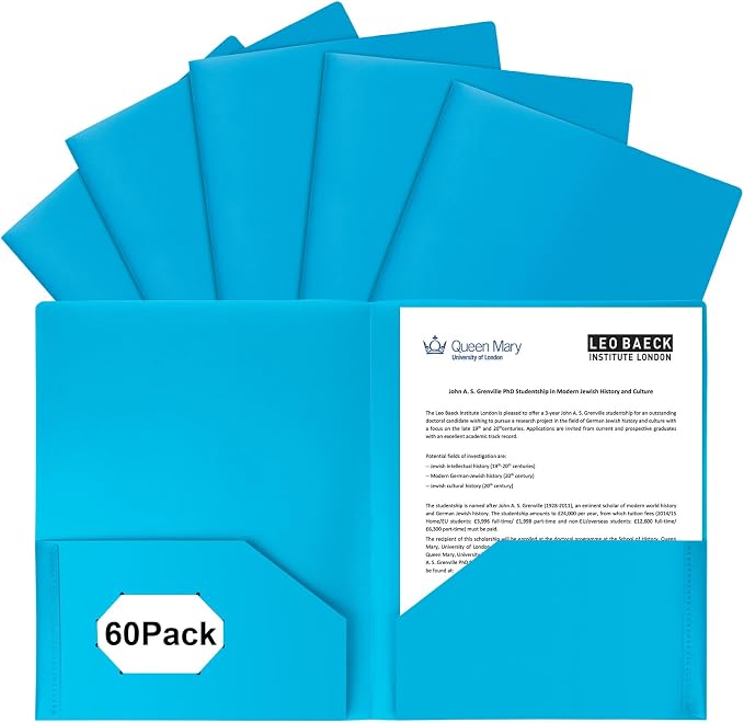 Plastic Folders with Pockets,2-Pocket Poly Folders Holds 8-1/2" x 11" Paper for School/Office/Home (Lake Blue, 60-Pack) by EEHZTSIOFFICE