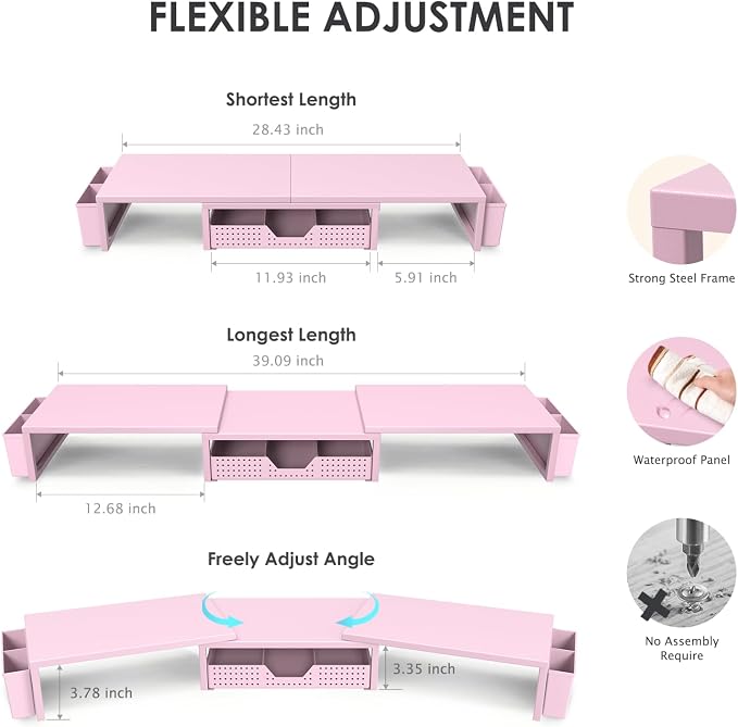 Desk Organizers and Accessories, Dual Monitor Stand Riser with Drawer and 2 Pen Holders, Desk Shelf Computer Racks for Office Workspace Organizers, Desktop Organization (Pink) - Image 3