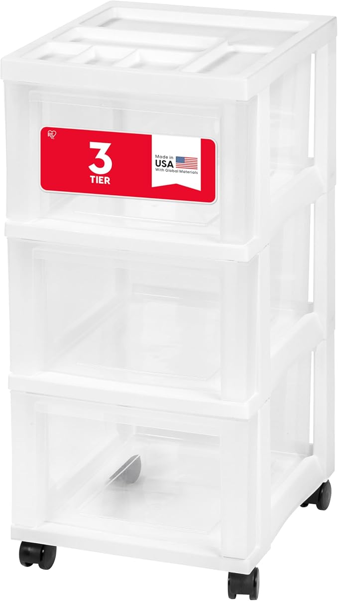 IRIS USA 3-Drawer Rolling Storage Cart, White/Clear | Keep craft supplies, office essentials, classroom items, and accessories organized with easy-access drawers for daily use by IRISUSA