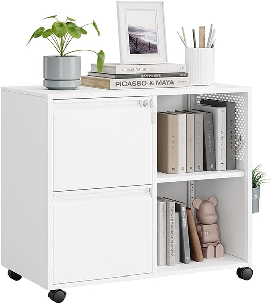 MIIIKO 2 Drawer File Cabinet on Wheels, Metal Filing Cabinets with Storage Shelf, Home Office Printer Stands, Mobile File Cabinet with Lock, White Lateral Cabinet Storage A4, Letter Size File Folders