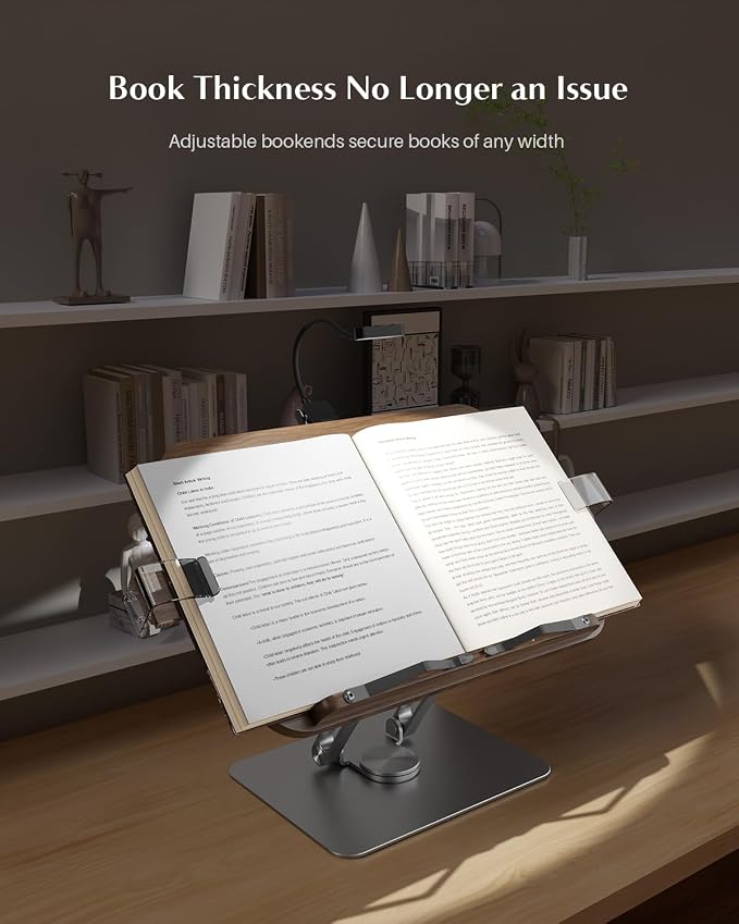 Book Stand for Reading,Adjustable Book Stand with Light,360° Rotating Metal Base,Foldable Cookbook Stand,Reading Hands Free with Page Clips for Recipe,Textbook,Cookbook（3CCT & CRI 90） - Image 3