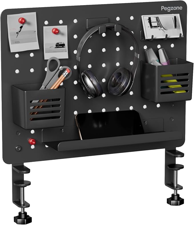 Clamp on Desk Pegboard, 16.5" x 12.6", with 10 Accessories, Black | Magnetic Metal Peg Board, Desk Organizer for Office Gaming Home, Privacy Panel, Medium by Pegzone