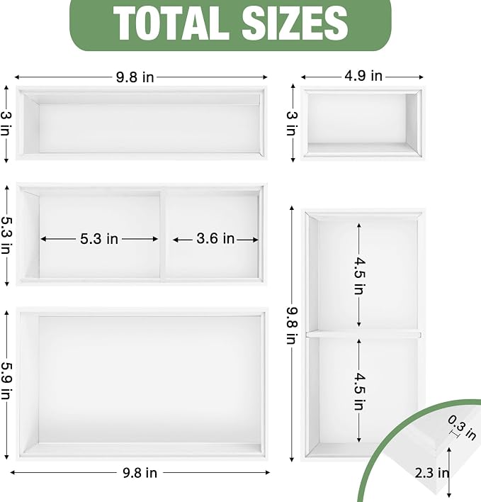 Bamboo Drawer Organizer,5 PCS White Bathroom Tray&Desk Organizers and Storage,Cabinet Divider With Removable Silverware Organization for Kitchen,Utensils,Junk,Office,Makeup - Image 2