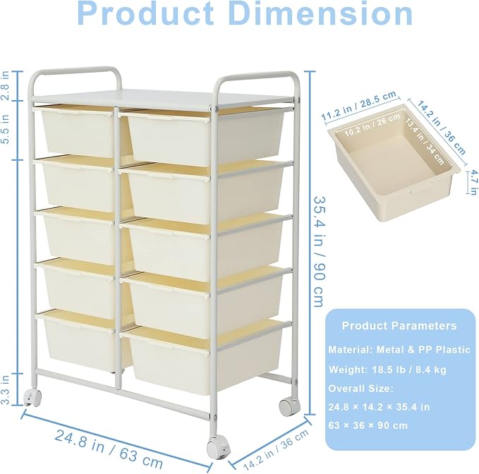 Ytaoka Rolling Cart with 10 Drawers, Plastic Drawer Cart with Metal Frame, Multipurpose Art Craft Cart Organizer with Wheels, Utility Cart with Drawers for Home, Office, School, White - Image 3