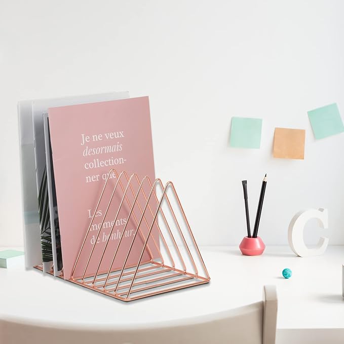 Rose Gold Magazine Holder, Desktop File Sorter Organizer Triangle 9 Slot Newspaper Record Storage Shelf Rack for Home Office Decoration - Image 2