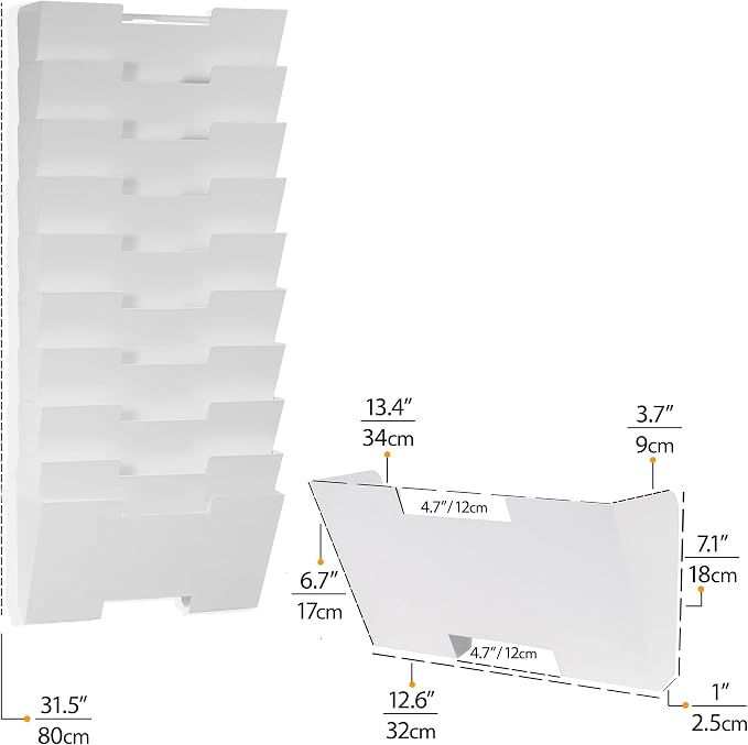 Wallniture Lisbon 10-Tier Wall Mounted File Holder and Desk Organizer, Metal White Office Organization and Storage Rack - Image 5
