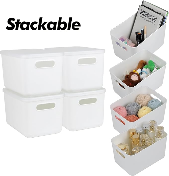 4 Pcs Small Storage Bins with Lids, Stackable Plastic Storage Containers for Organizing, Organizer Bins Shelf Baskets for Pantry Cabinet Shelves Desktop Freezer Drawer Organization (White, 4M) - Image 2