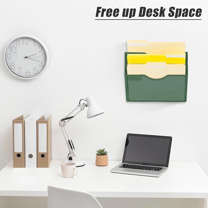 3 Pocket Mesh Hanging Wall File Organizer, Wall Mounted Mail Paper Document Folder Holder, Clipboard Storage Organization Magazine Rack with Nametag Label for Office Home School, Dark Green - Image 6