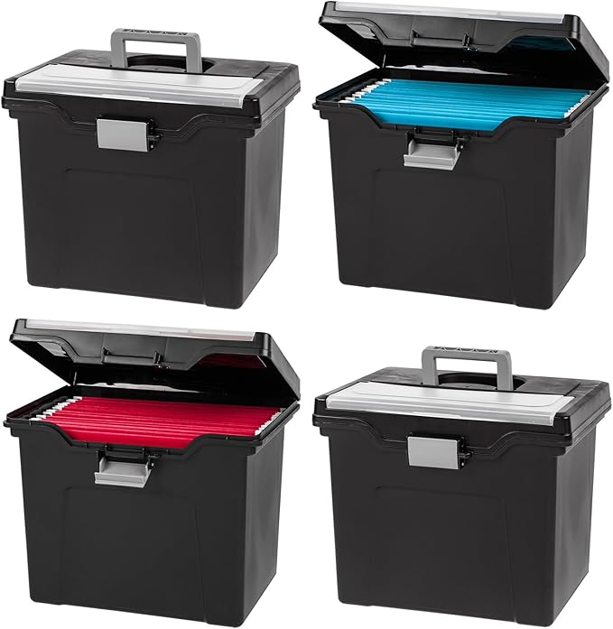 IRIS USA File Box Organizer with Lid, Letter File, 4-Pack, Black | Carry letter size files, documents and paperwork with a portable handle and secure lid for organized storage on the go by IRISUSA