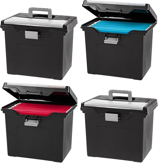 IRIS USA File Box Organizer with Lid, Letter File, 4-Pack, Black | Carry letter size files, documents and paperwork with a portable handle and secure lid for organized storage on the go by IRISUSA