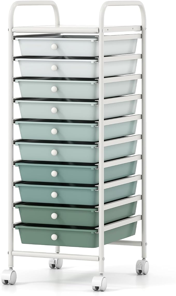Storage Cart, Rolling Utility Cart with 10 Drawers, Portable Handles & Lockable Wheels, Mobile Paper Toys Storage Organizer Large Capacity for Home Office School Teacher (Gradient Green) by OFFICEJOY
