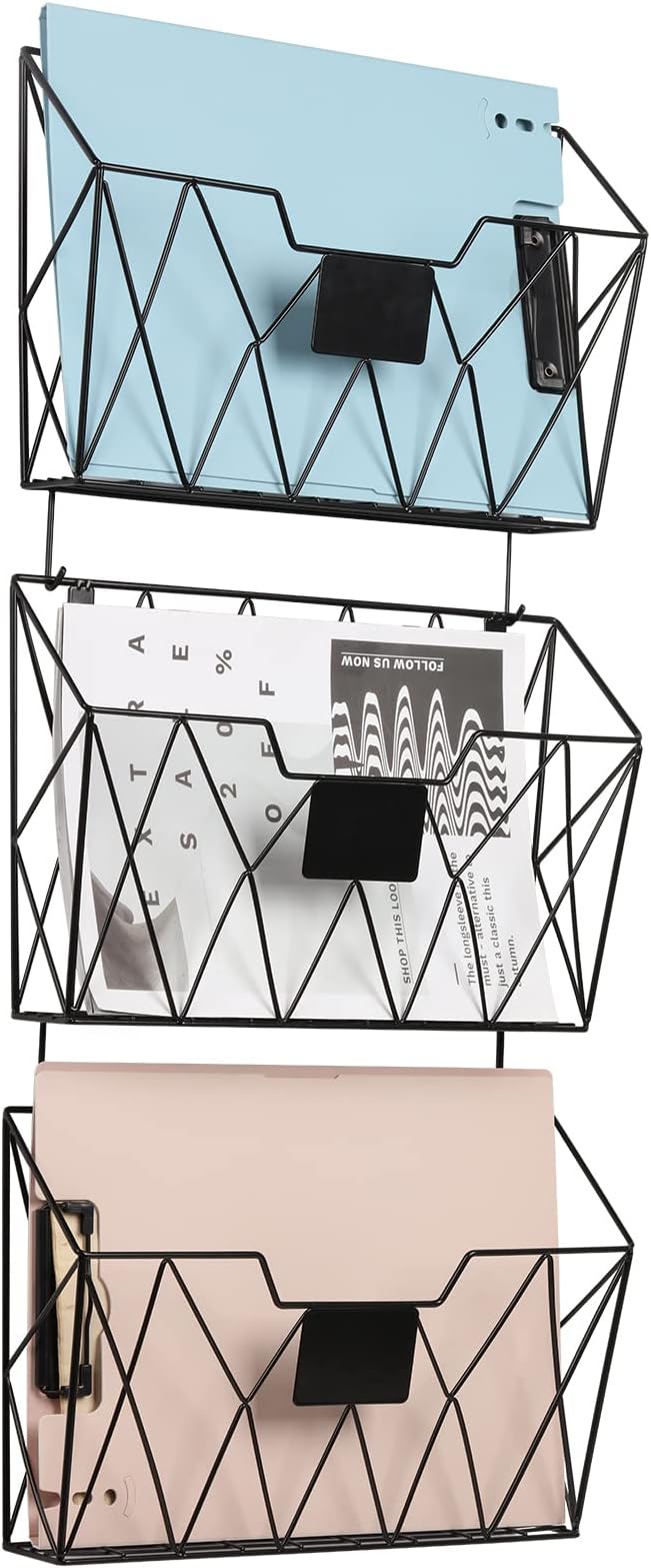 YBING Wall File Organizer, Hanging File Holder & Basket Set of 3, Black | Hanging File Rack with Hooks, Mail Organizer, Metal Wall Storage for Office Living Room School Classroom Home by YBING