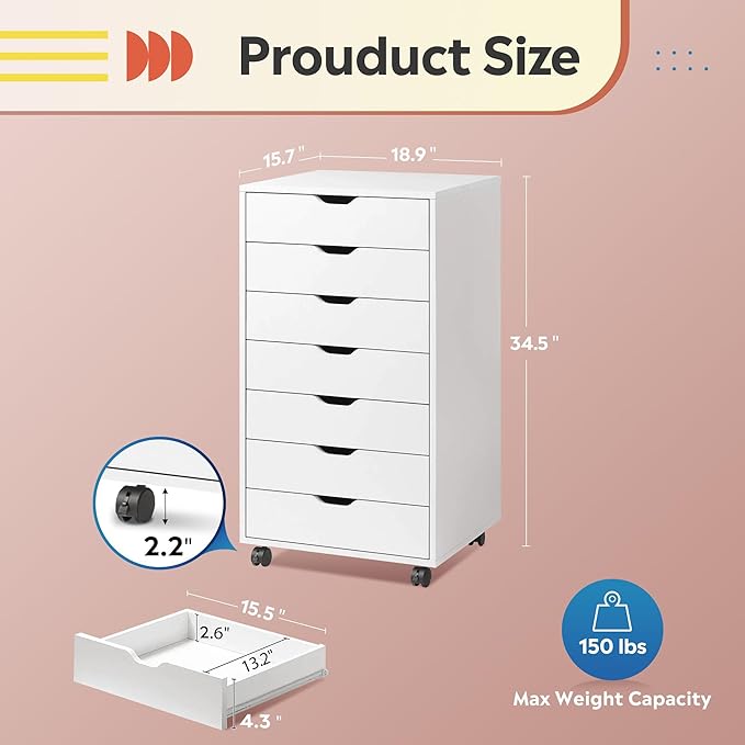DEVAISE 7-Drawer Office File Cabinets, Mobile Craft Storage Cabinet, White | Wood Drawer Unit, Storage Cabinet, Rolling Cart, Printer Stand, Filing Cabinet with Drawers - Image 3