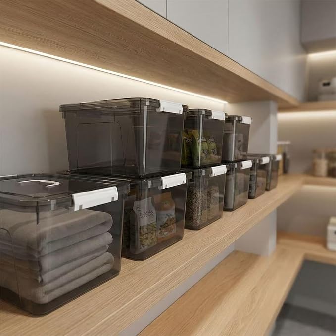 6 Quart Stackable Plastic Storage Bins with Lids, 6 Pack Clear Black Small Organizer Boxes with Latches for Bathroom, Pantry, Office Desk and Small Item Storage - Image 9