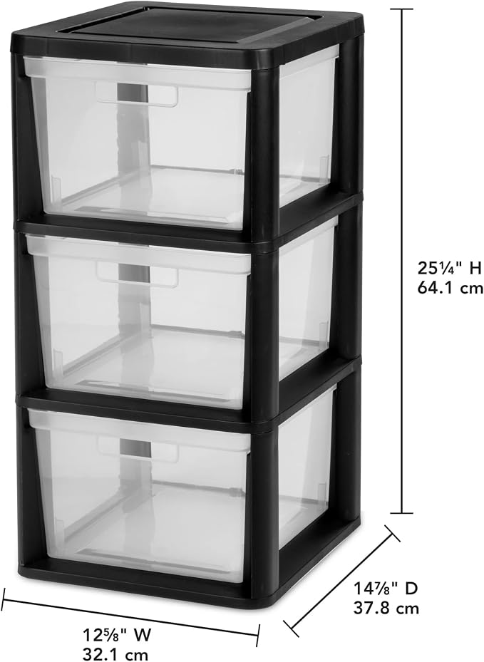 2 Pcs Plastic Drawer Wide Tower Plastic Storage Cart with Clear Pull Out Drawers, Black (Black, 3 Drawer Wide Tower) - Image 3