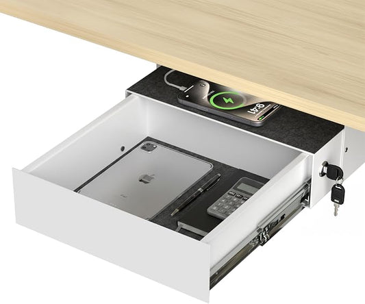 Under Desk Drawer Slide Out, Lockable Steel Drawer,13.8",White | Storage Drawer with Lock and Keys, Full-Extension Slides, Undermount Drawer for Home Office & Standing Desk by ERGOCOLLECT