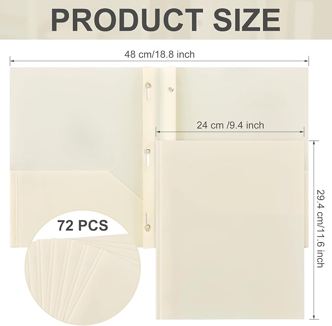 Cholemy 72 Packs Pocket Folders with Prongs Heavy Duty Plastic Folder with Business Card Slot 3 Prong Fasteners for School Office (Beige) - Image 2