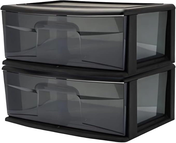HOMZ 2-Pack 1-Drawer Storage Cart, Plastic Container with Smoke Tint, 15" Wide Body, Black Frame - Organizing Drawer Containers for Home, Bathroom, Bedroom, Office, and Classroom by Homz