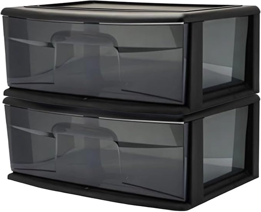 HOMZ 2-Pack 1-Drawer Storage Cart, Plastic Container with Smoke Tint, 15" Wide Body, Black Frame - Organizing Drawer Containers for Home, Bathroom, Bedroom, Office, and Classroom by Homz