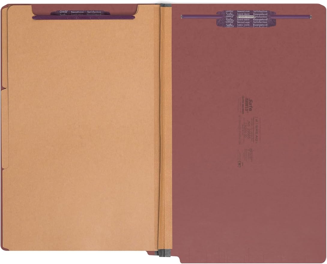 Smead 100% Recycled End Tab Pressboard Classification File Folder with SafeSHIELD Fasteners, 3 Dividers, 3" Expansion, Legal Size, Red, 10 per Box (29865) - Image 3
