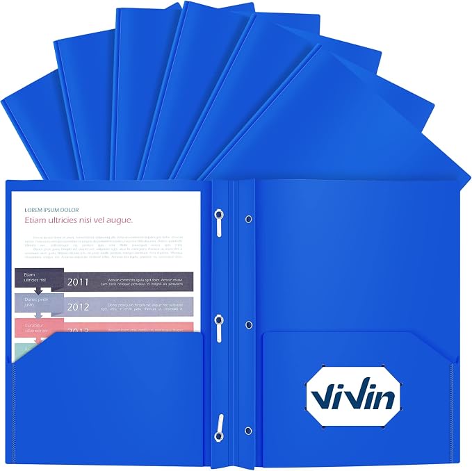 ViVin 12 Pack Plastic Folders with Pockets and Prongs, Heavy Duty 2 Pocket Folders with 3-Prong Fasteners, Poly File Holds 8-1/2" x 11" Paper for School Office Home (Blue) by ViVin